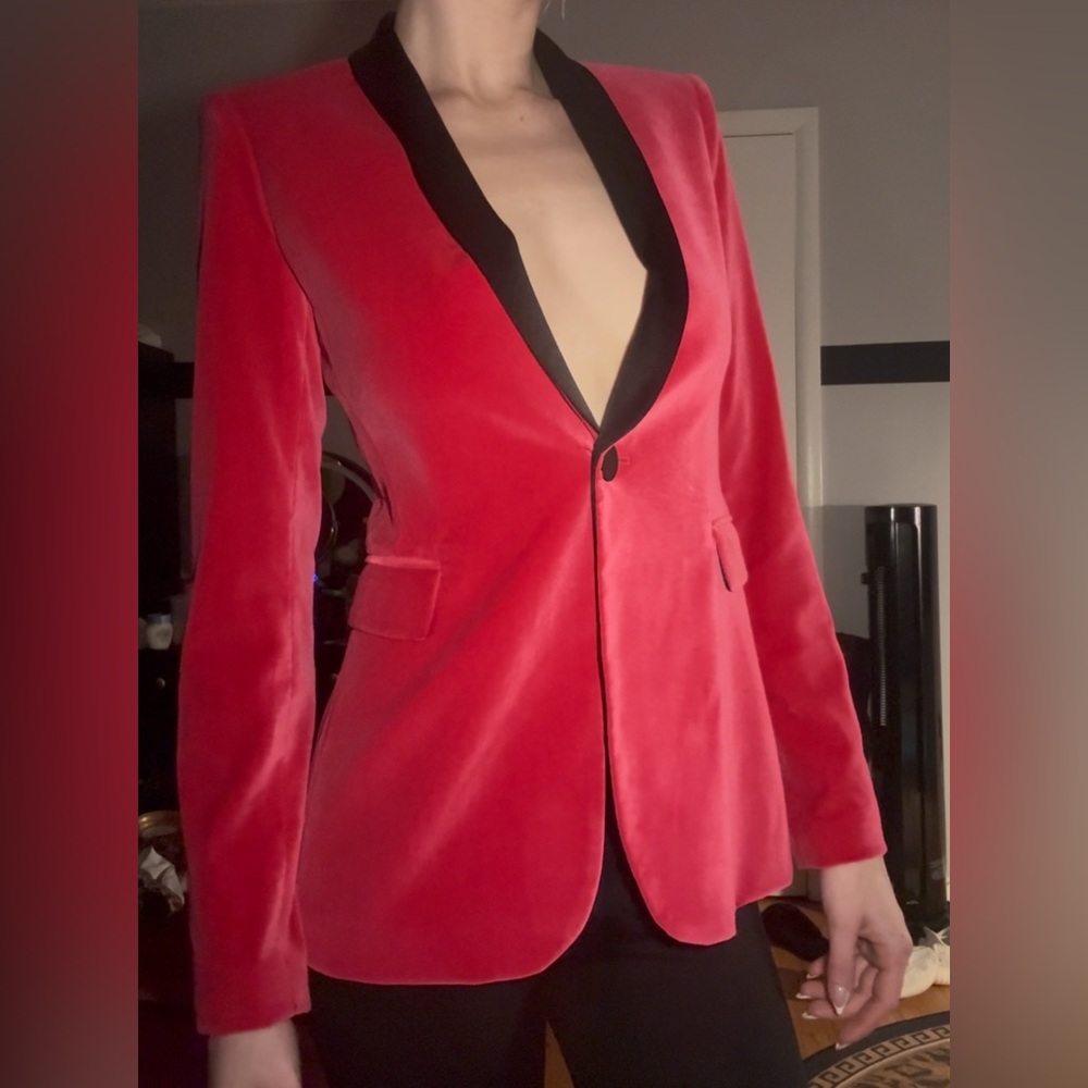 Alice + Olivia Red Velvet Blazer with Black Lapel